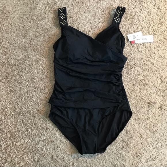 NEW Jantzen Women's Draped Solids Surplice 1-pc Swimsuit Black Size 10 M Modest - Picture 3 of 16